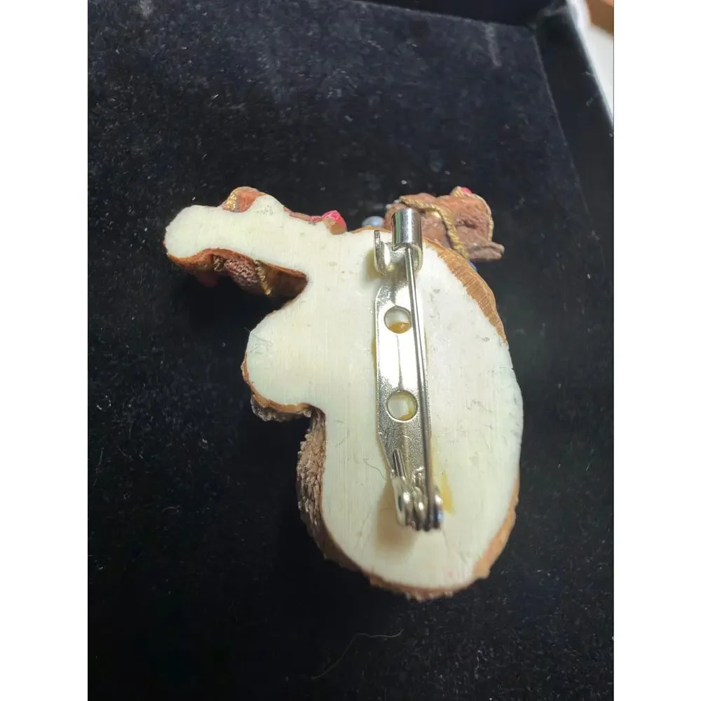 Vintage Christmas Reindeer Brooch Hand Painted Resin Figural Holiday Deer Pin
